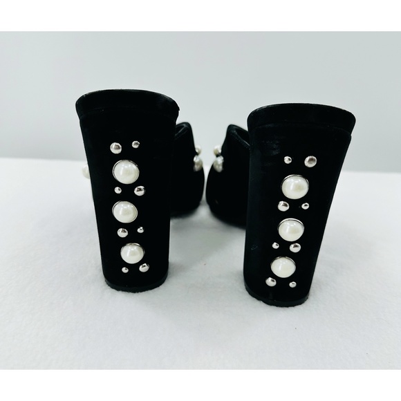 SCHUTZ Black Suede Imitation Pearl Deco. Heel Open Toed Mule - Picture 5 of 9